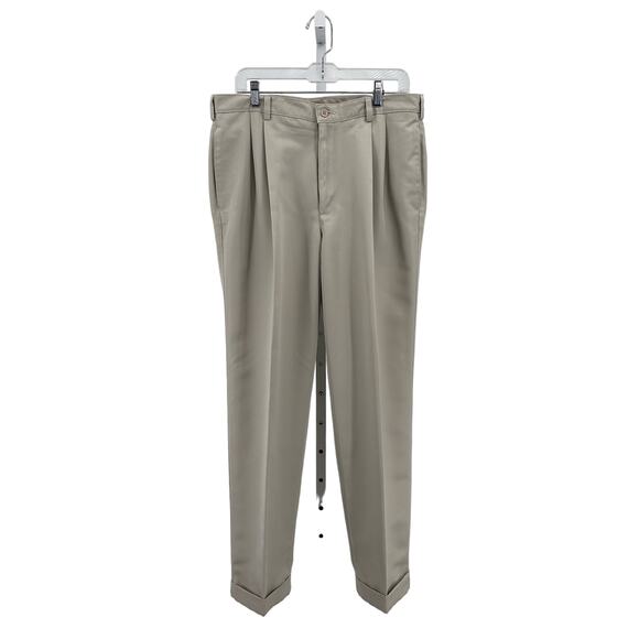 Silk Works Tan/Khaki Dress Pants Men's 34/32 Pleated Front Cuffed Hem Officewear - Picture 1 of 3